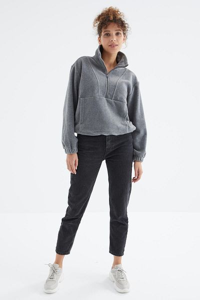 TOMMY LIFE Dámská fleecová oversize mikina šedá Melange s polovičním zipem nabíraným lemem - 97171