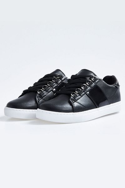 TOMMY LIFE Pantofi sport de damă din piele artificială cu dungi cu șireturi negre - 89202