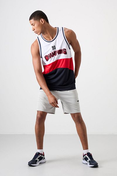 TOMMY LIFE Navy Blue Polyester Breathable Textured Thin Flexible Standard Fit Men's Basketball Tank Top - 88395