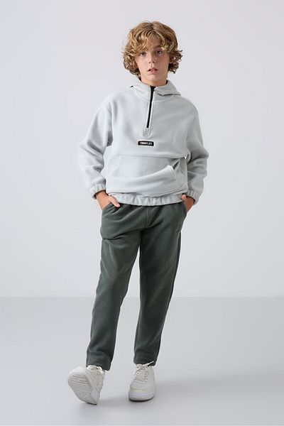 TOMMY LIFE Boy's Fleece Sweatpants - Khaki Embroidered, Thick Soft Textured, Standard Fit - 11219