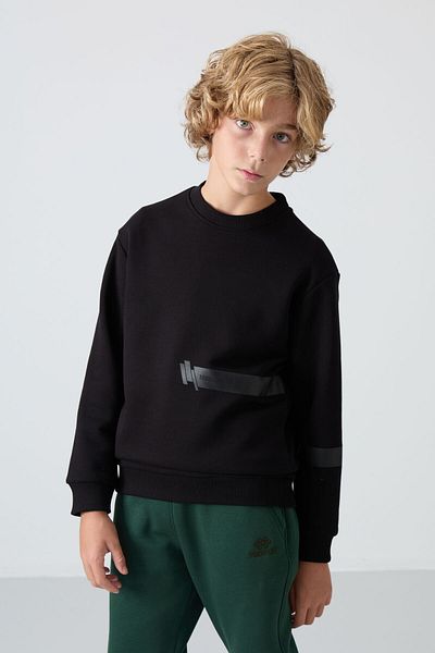 TOMMY LIFE Boy's Black Printed Sweatshirt - Thick Furry Inside, Soft Textured Cotton, Standard Fit - 11238