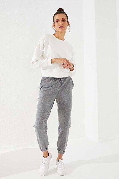 TOMMY LIFE Šedá Melange Kapsa se stahovací šňůrkou Pohodlná forma Elastické nohavice Dámské tepláky - 94580