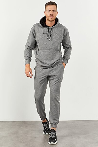 TOMMY LIFE Ανδρικό Σετ φόρμας OvErsizE Grey mElangE με κουκούλα, πόδι από καουτσούκ Pocket Kangaroo - 85117