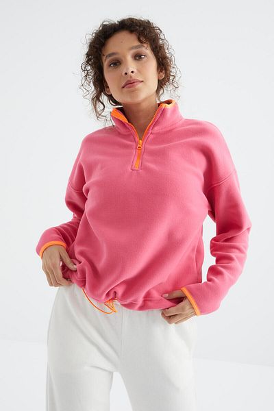 TOMMY LIFE Hanorac oversize din fleece pentru femei, cu jumătate de fermoar, cu guler înalt, roz caramel - 97234