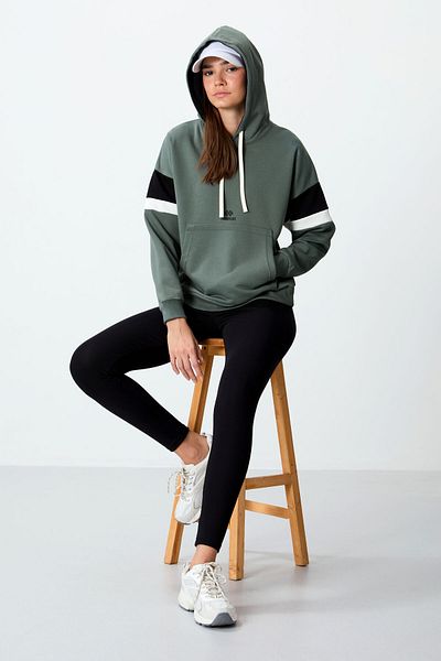 TOMMY LIFE Khaki Compact Cotton Thick Smooth Textured Hooded Oversize Fit Women's Sweatshirt - 97290
