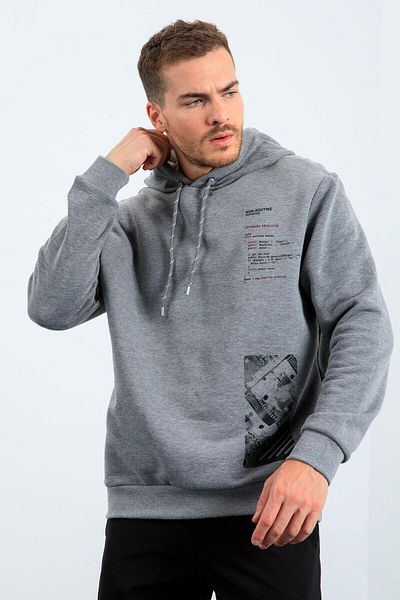 TOMMY LIFE Gray Melange Pattern Printed Hooded Comfortable Form Men's Sweatshirt - 88018