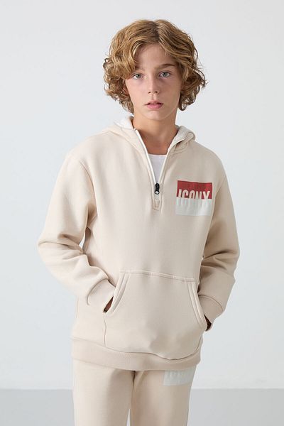 TOMMY LIFE Σετ φόρμας για αγόρια σε μπεζ βαμβακερό χοντρό τρίχωμα εσωτερικά με απαλή υφή Standard Fit Printed - 11246