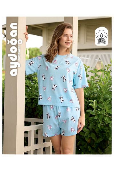 Aydoğan Women's Oversize Single Jersey Short Sleeve Pocket Shorts 100% Cotton Patterned Pajama Set