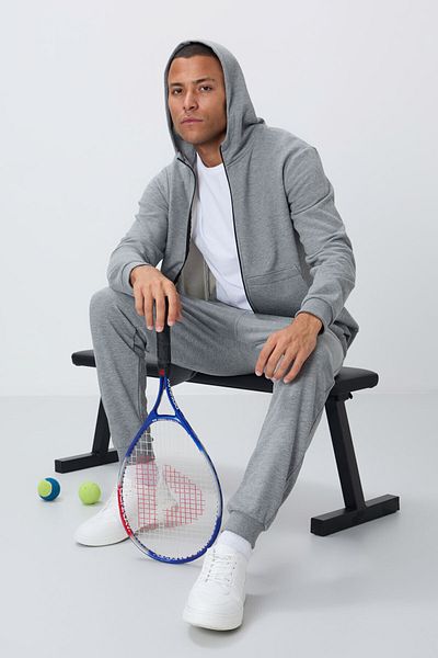 TOMMY LIFE Ανδρικό σετ αθλητικής φόρμας Compact Grey Melange Cotton - Χοντρό λείο, με κουκούλα, Comfort Fit - 85262