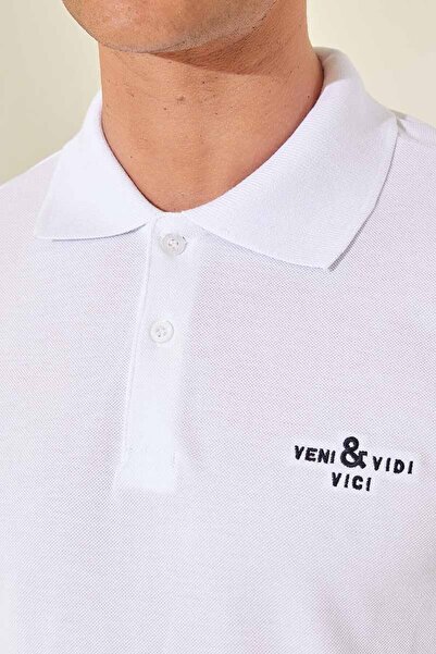 TOMMY LIFE Λευκό κλασικό κοντομάνικο ανδρικό μπλουζάκι με λαιμόκοψη πόλο - 87787