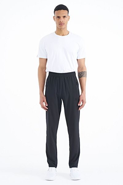 TOMMY LIFE Pantaloni de trening pentru bărbați, negri, cu trei buzunare, cu fermoar, cu potrivire standard, cu picioare clasice - 84768