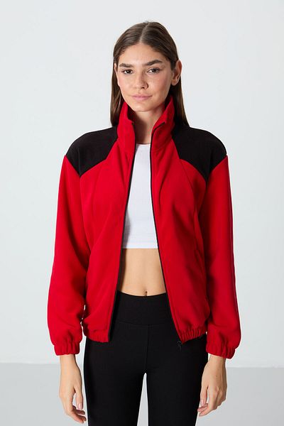 TOMMY LIFE Red Thick Soft Textured Stand Collar Oversize Embroidered Fleece Women's Sweatshirt - 97293