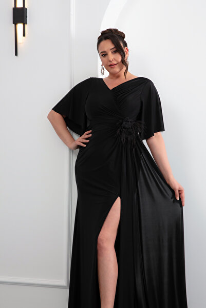 Lafaba Women's Black Short Sleeve Plus Size Long Evening Dress