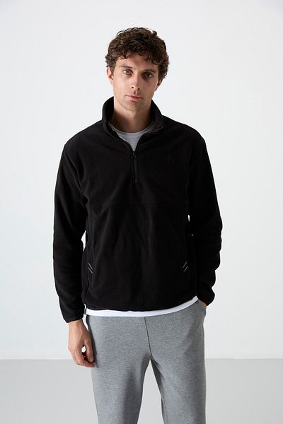 TOMMY LIFE Black Half Zippered Sweatshirt Slim Fit Stand Collar Men's Fleece - 87891