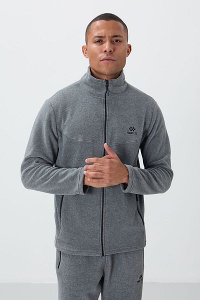 TOMMY LIFE Men's Fleece Tracksuit Set - Gray Melange, Stand Collar, Zipper Pocket, Standard Fit - 85193