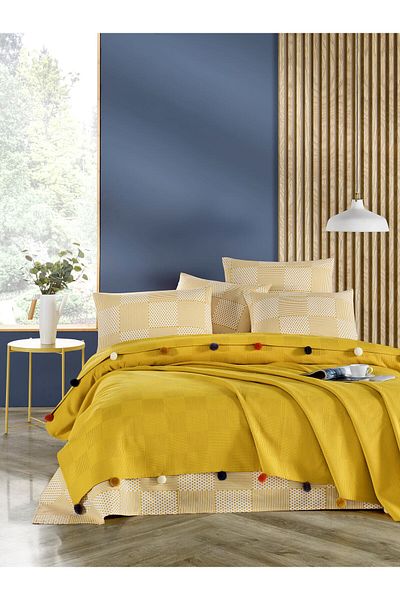 Beğenal Madam Marica Mustard Colored Double Pompom Pique Set