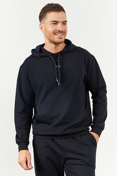 TOMMY LIFE Ανδρικό σετ αθλητικής φόρμας Oversize Navy Blue Hooded, Kangaroo Pocket Rubber Leg - 85117