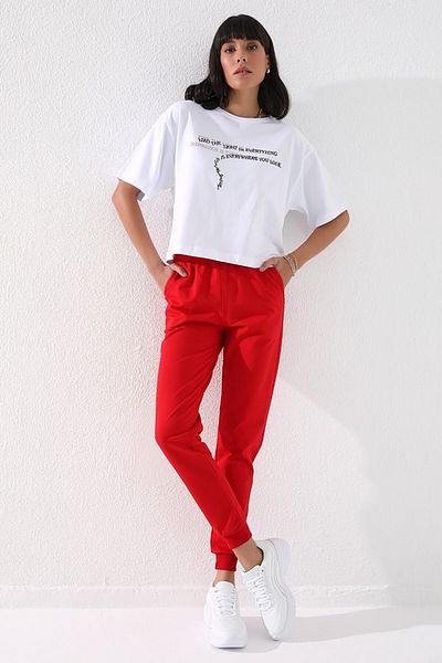 TOMMY LIFE Red High Waist Comfortable Form Cuffed Women's Tracksuit Bottom
