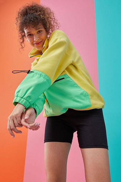 TOMMY LIFE Hanorac supradimensionat din fleece pentru femei cu model de lămâie - cu jumătate de fermoar, fustă adunată - 97238