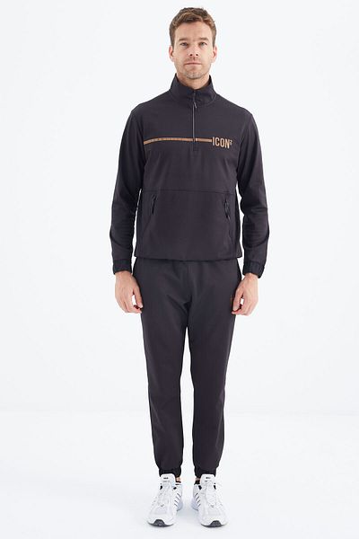 TOMMY LIFE Μαύρη ανδρική αθλητική φόρμα Stand-up Collar - 85215