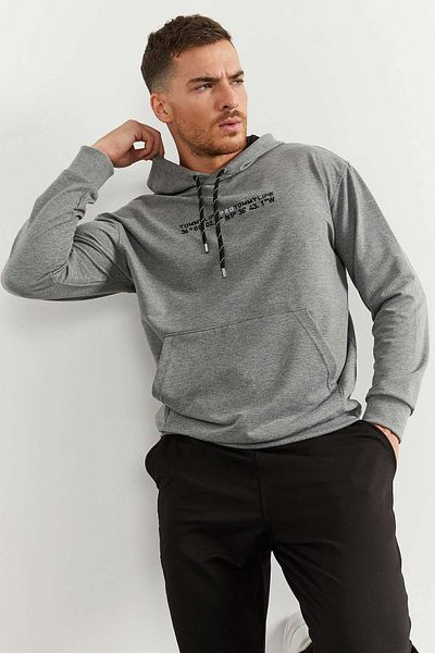 TOMMY LIFE Pánská oversize tepláková souprava - šedá melanž, černá kapuce, klokaní kapsa, gumová noha - 85117