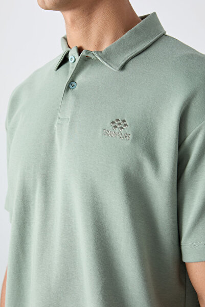 TOMMY LIFE Light Green Cotton Thick Soft Textured Oversize Fit Basic Polo Collar Men's T-Shirt - 88327