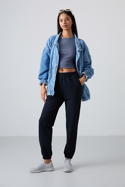 TOMMY LIFE Pantaloni de trening pentru femei, albastru bleumarin, cu talie înaltă, cu talie înaltă, cu picioare din cauciuc - 94583
