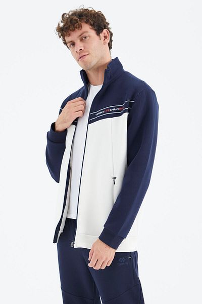 TOMMY LIFE Ecru Stand Collar Color Blocked Hidden Pocket Detailed Comfortable Fit Men's Sweatshirt - 88290