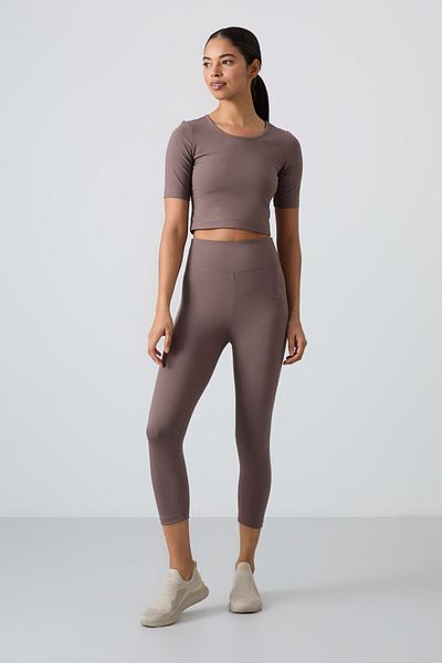 TOMMY LIFE High Waist BrownCropT-shirt andSlimFit Women's Tights Set - 95285