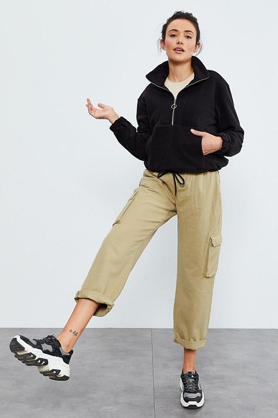 TOMMY LIFE Hanorac supradimensionat din fleece pentru femei - negru, fustă cu jumătate de fermoar, cu șnur - 97171