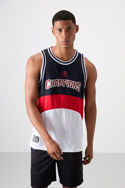 TOMMY LIFE White Polyester Breathable Textured Thin Flexible Standard Fit Men's Basketball Tank Top - 88395