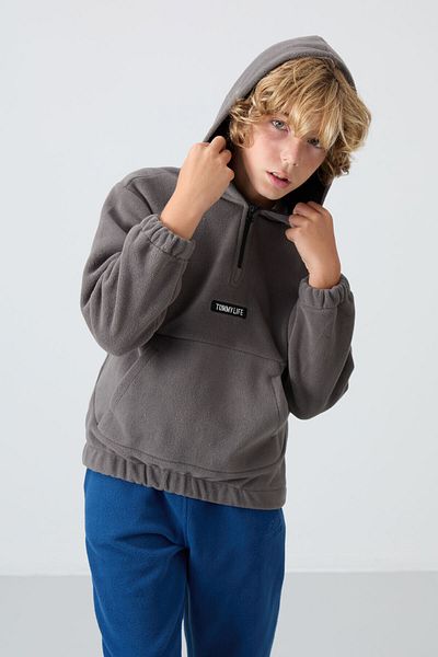TOMMY LIFE Φούτερ Fleece για αγόρι - Σκούρο Γκρι, Κεντημένο, Χοντρό μαλακή υφή - 11230