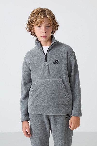 TOMMY LIFE Boy's Fleece Tracksuit Set - Gray Melange, Embroidered, Thick Soft Textured - 11218