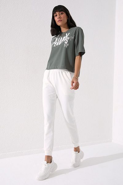 TOMMY LIFE Ecru High Waist Jogger Comfortable Form Γυναικεία αθλητική φόρμα με μανσέτες - 94561