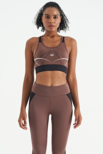 TOMMY LIFE Brown Front and Back Print Detailed U-Neck Slim Fit Women's Sports Bustier - 97252