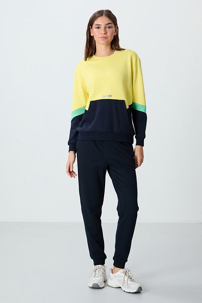 TOMMY LIFE Pantaloni de trening pentru femei, albastru bleumarin, din bumbac compact, cu textura netedă, cu potrivire standard - 94660
