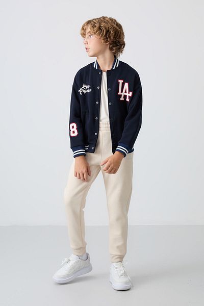 TOMMY LIFE Navy Blue Cotton Thick Furry Soft Textured Standard Fit Embroidered Boy's College Jacket - 1125
