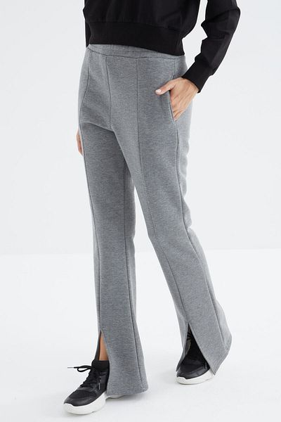 TOMMY LIFE Gray Melange High Waist Front Slit Detailed Side Pocket Comfortable Form Women's Tracksuit Bottom - 94625