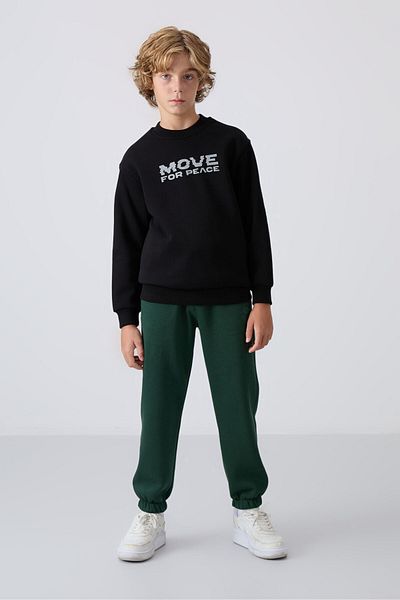 TOMMY LIFE Boy's Black Cotton Sweatshirt - Thick Furry Inside, Soft Texture, Printed - 11216