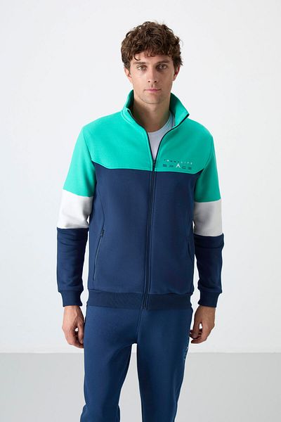 TOMMY LIFE Set de trening pentru bărbați cu guler în picioare Indigo cu tranziție de culoare și fleece în interior - 85186