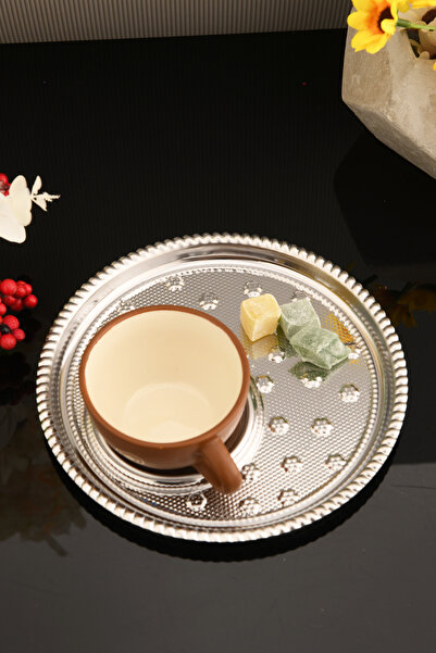AKSESUAR EVRENİ Taval Round Patterned Tea and Coffee Enjoyment Presentation Tray Silver 1 Piece
