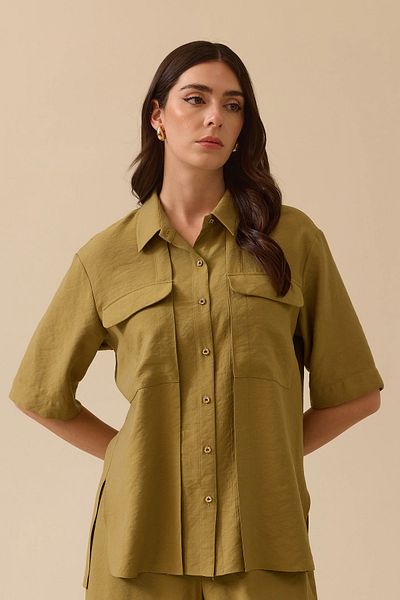 SEÇİL Green Women's Side Slit Short Sleeve Shirt