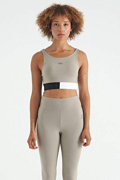TOMMY LIFE Olive Green Color Blocked Logo Printed Slim Fit Ribbed Women's Bustier - 97275