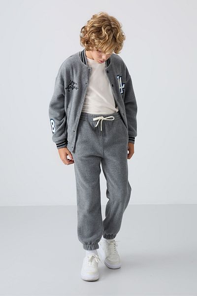 TOMMY LIFE Boy's Fleece Sweatpants - Gray Melange, Embroidered, Thick Soft Textured - 11220