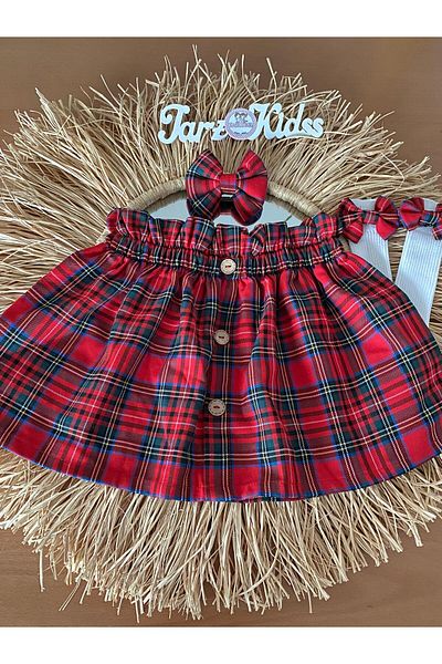 EBRU ÖZÖRGÜCÜ Girl Child Plaid Scottish Fabric Skirt Socks Buckle Set