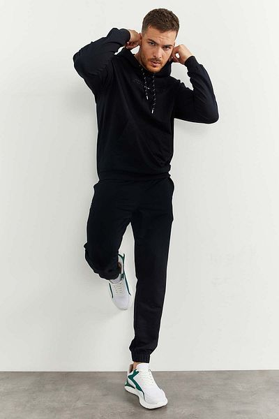 TOMMY LIFE Ανδρικό σετ αθλητικής φόρμας Oversize Navy Blue Hooded, Kangaroo Pocket Rubber Leg - 85117