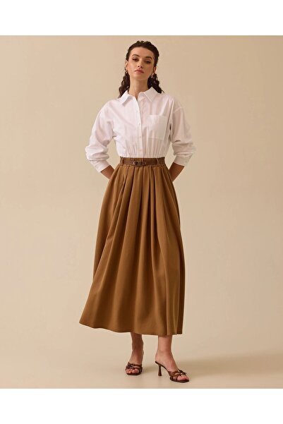 SEÇİL Kadın Gömlek Yaka Pileli Kemerli Uzun Elbise - Taba