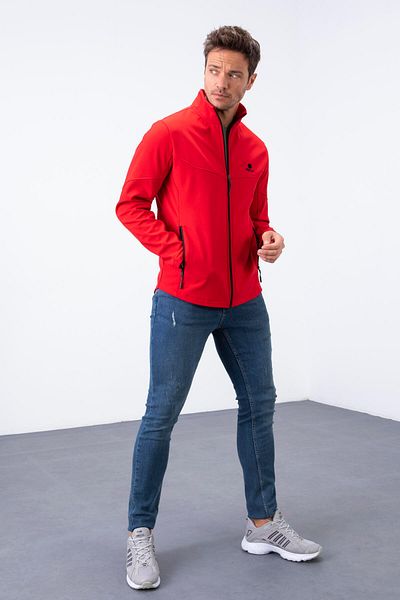 TOMMY LIFE Palton roșu pentru bărbați, cu guler cu fermoar, impermeabil și rezistent la vânt - 88050