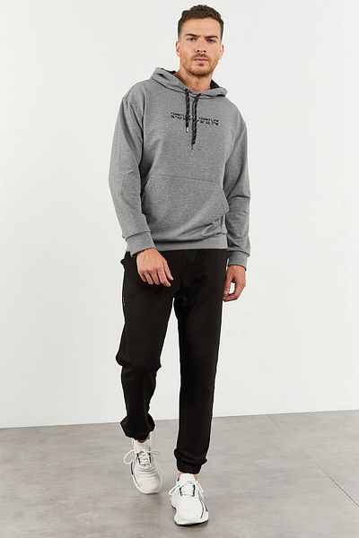 TOMMY LIFE Pánská oversize tepláková souprava - šedá melanž, černá kapuce, klokaní kapsa, gumová noha - 85117