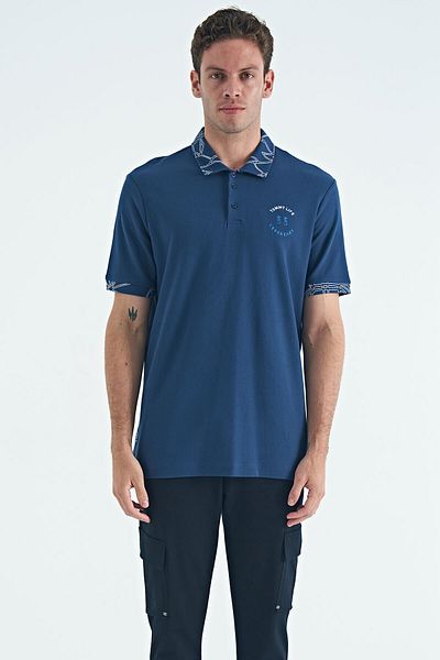 TOMMY LIFE Ανδρικό μπλουζάκι με κέντημα με κείμενο Indigo με λεπτομέρεια Standard Fit Polo Collar - 88239